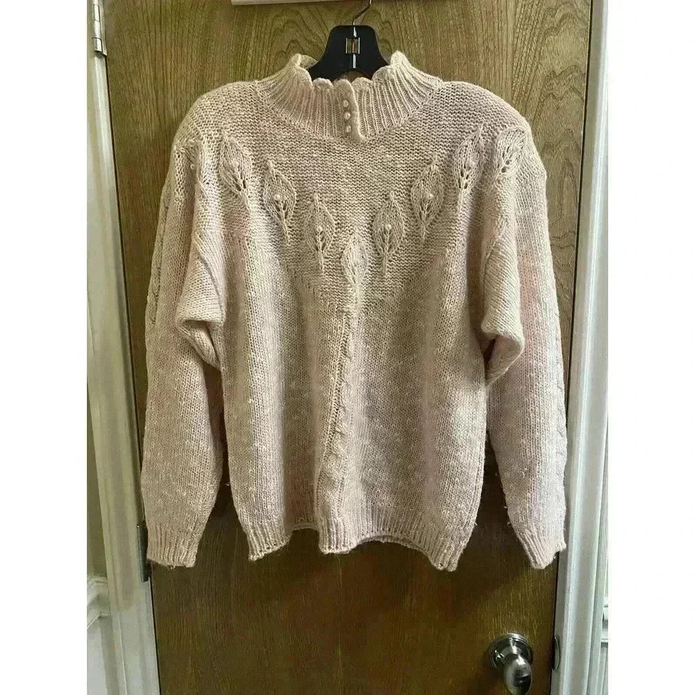 Vintage Ashley S Pink White Heathered Knit Sweater With Pearl Button Mock Neck S